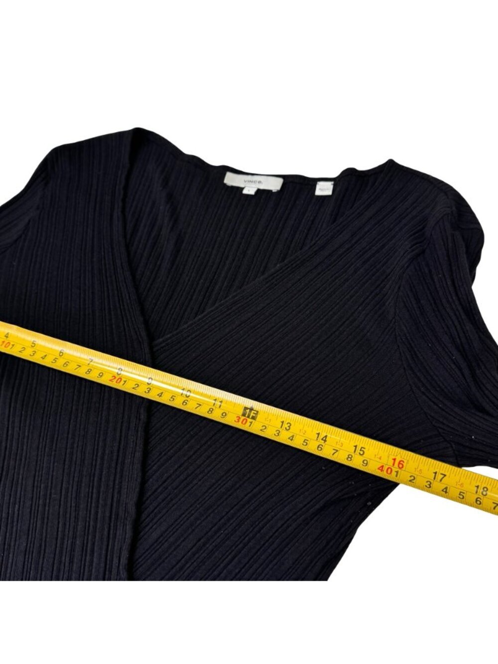 Vince Rib-Knit Deep V Wrap Top Sz L Black Minimalist Goth Capsule Wardrobe - Picture 7 of 11